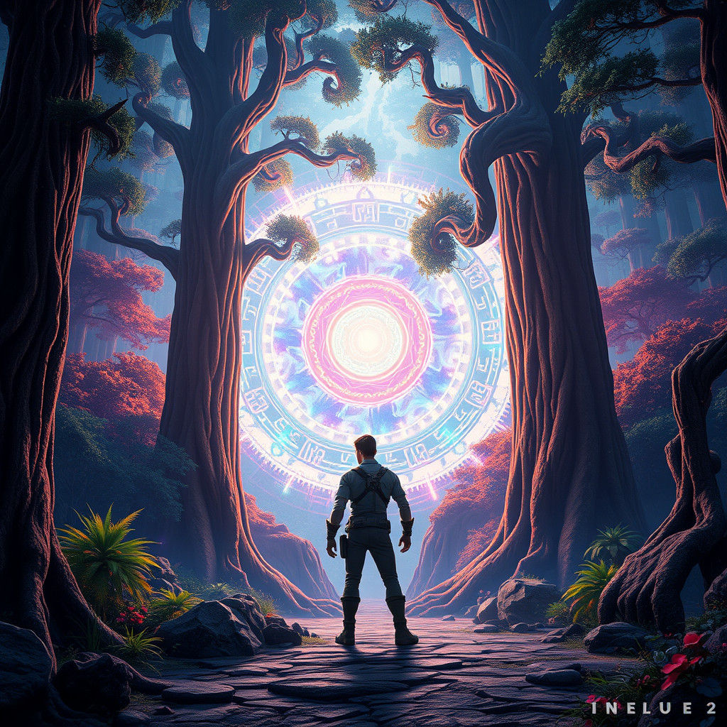 Heroic Figure in Mystical Forest Portal, Matte Painting