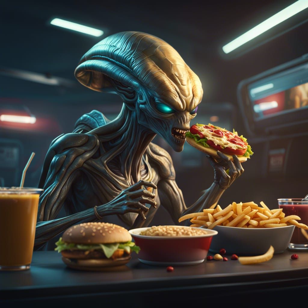 Alien Eating Fast Food in Cinematic CG Render