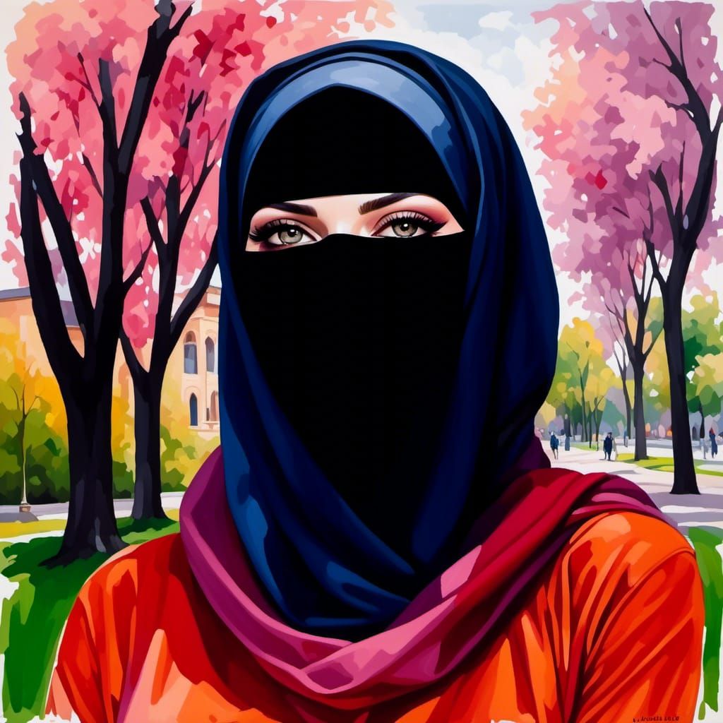 Elegant Masked Woman Portrait in Oil-Guache Style