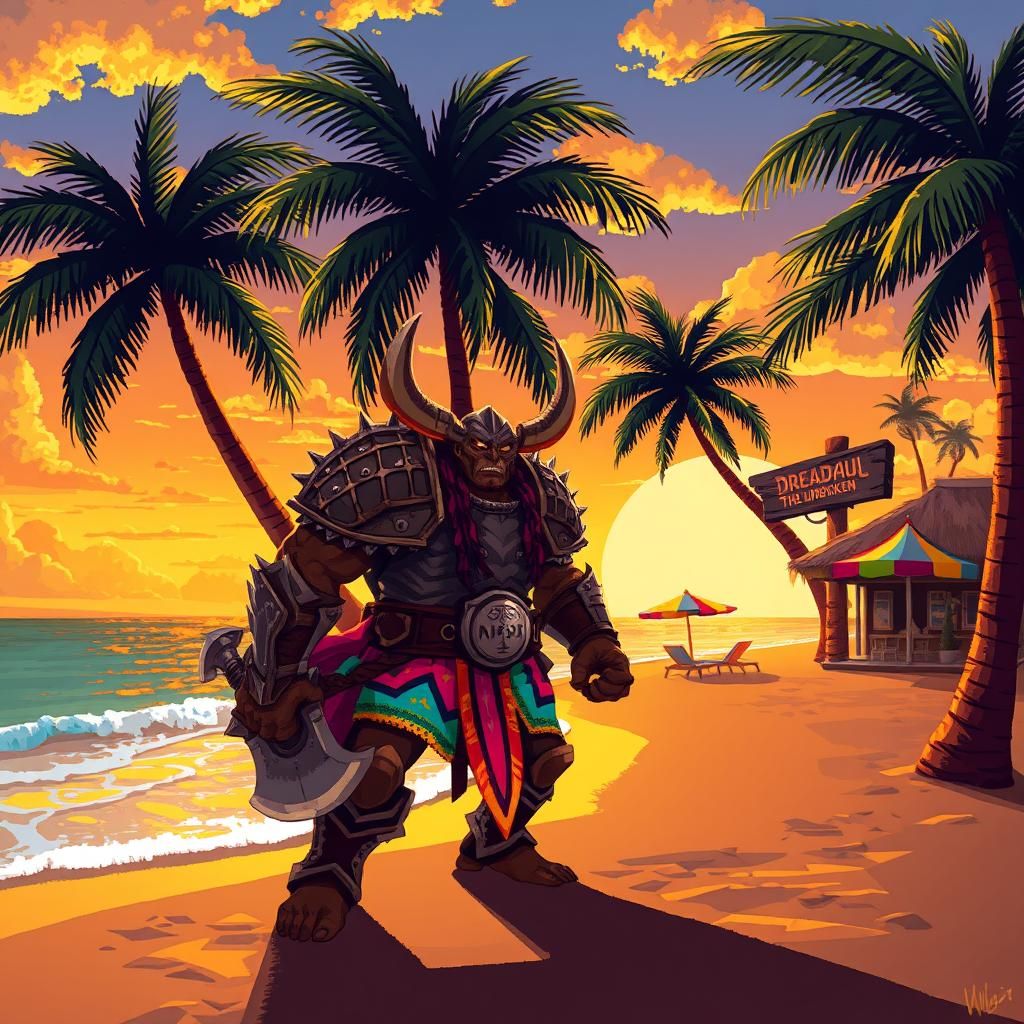 Dreadmaul on Tropical Beach: Pixel Art Sunset