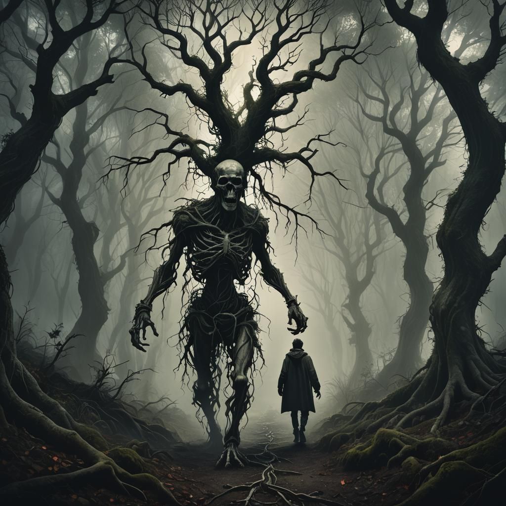 Eerie Forest Path: Dark Fantasy Illustration