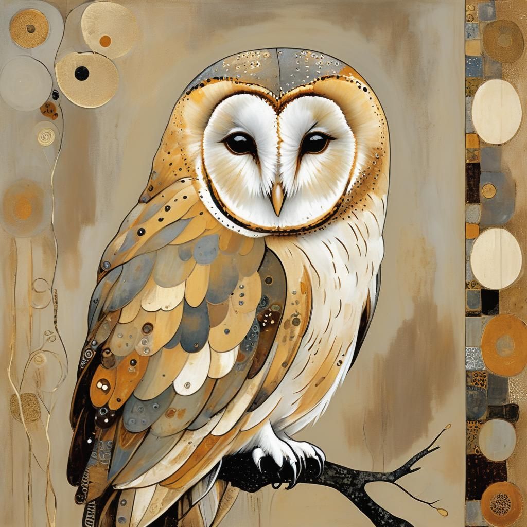Barn Owl in Earth Tones, Klimt-inspired Painting