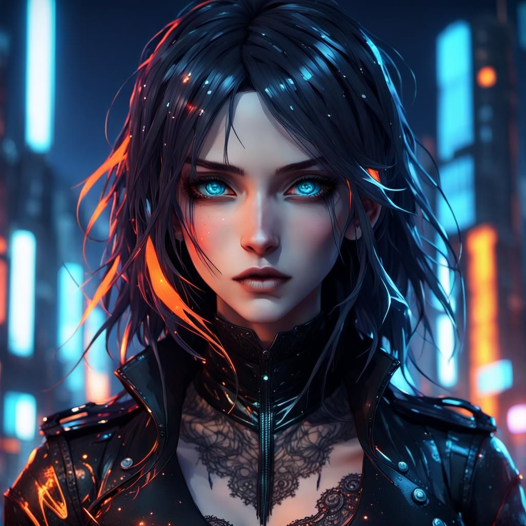 Gothic Female in Neon-Lit Dystopia, Anime Style