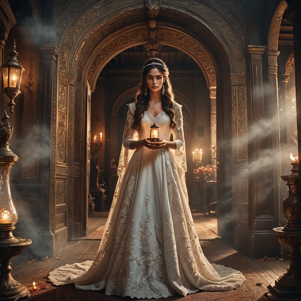 Bride Holding Oil Lamp: Dramatic Digital Painting
