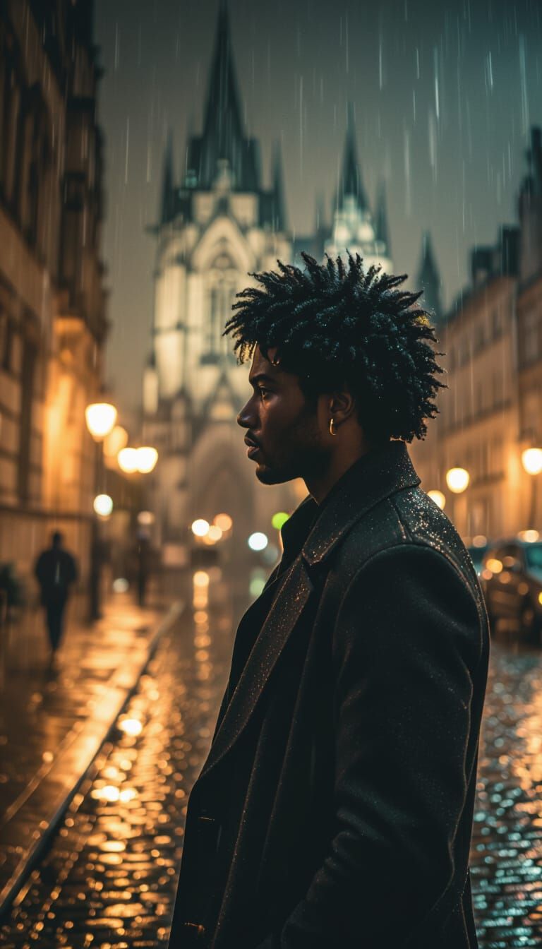 Cinematic Portrait of African American Man in Rainy City