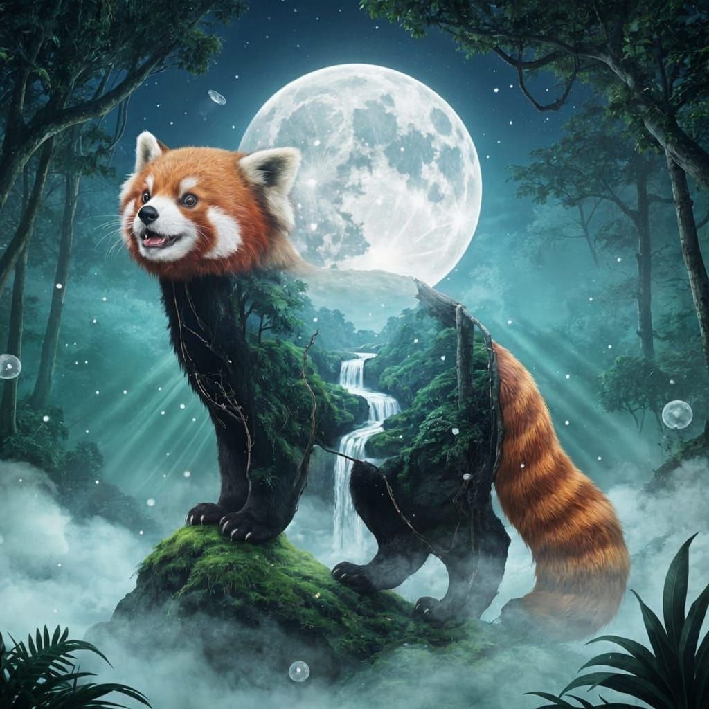 Red Panda in Enchanted Rainforest Double Exposure