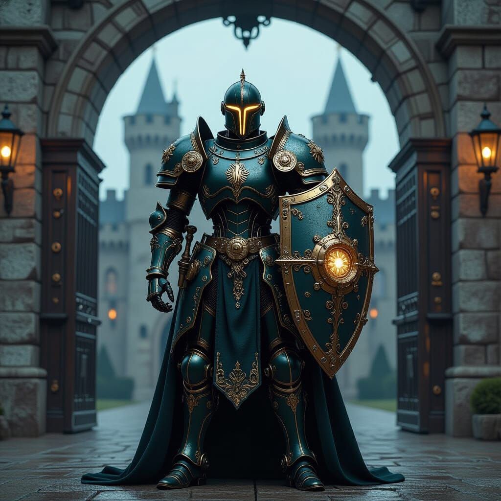 Steampunk Knight Automaton at Ancient Castle Gate