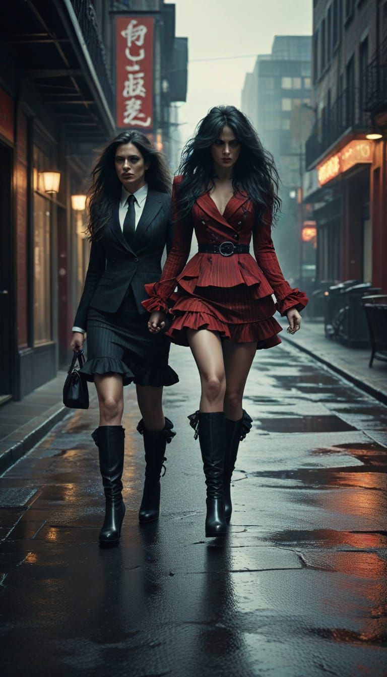 Pinstripe Figures with Voluminous Haired Woman