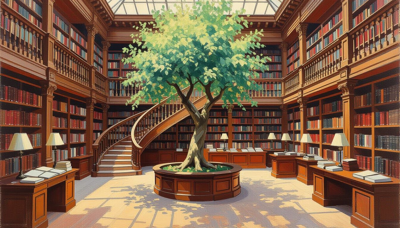 Library Tree: Impressionist Painting with Vibrant Colors