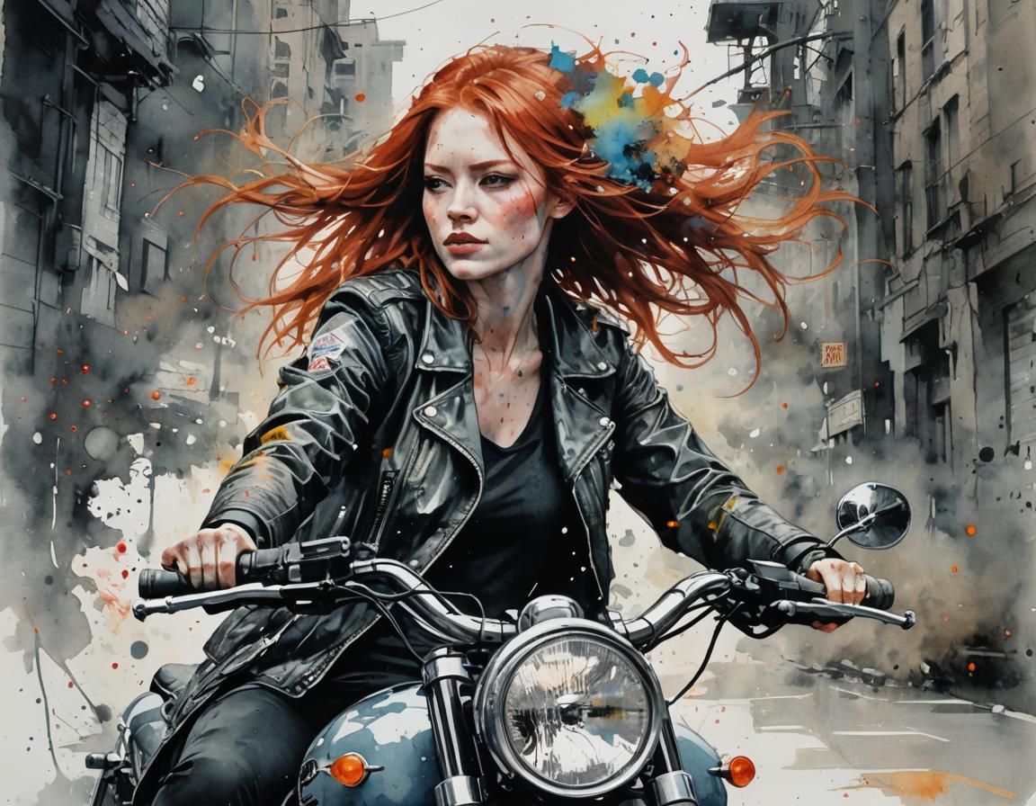 Redhead Biker Girl in Watercolor Portrait