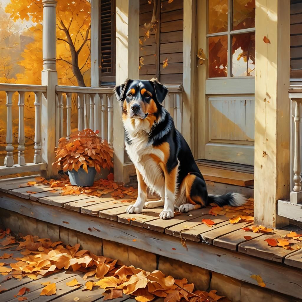 Autumn Dog on Veranda in Impressionistic Style