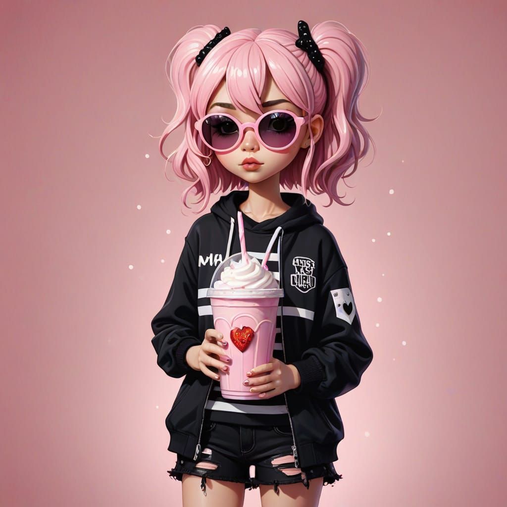 Pastel Goth Cartoon Girl Sips Strawberry Milkshake