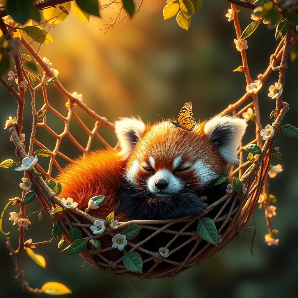 Dreamy Red Panda in Golden Hammock Paradise