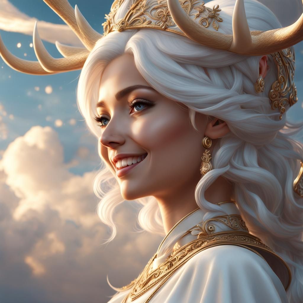 Smiling Pixie with White Deer in Clouds