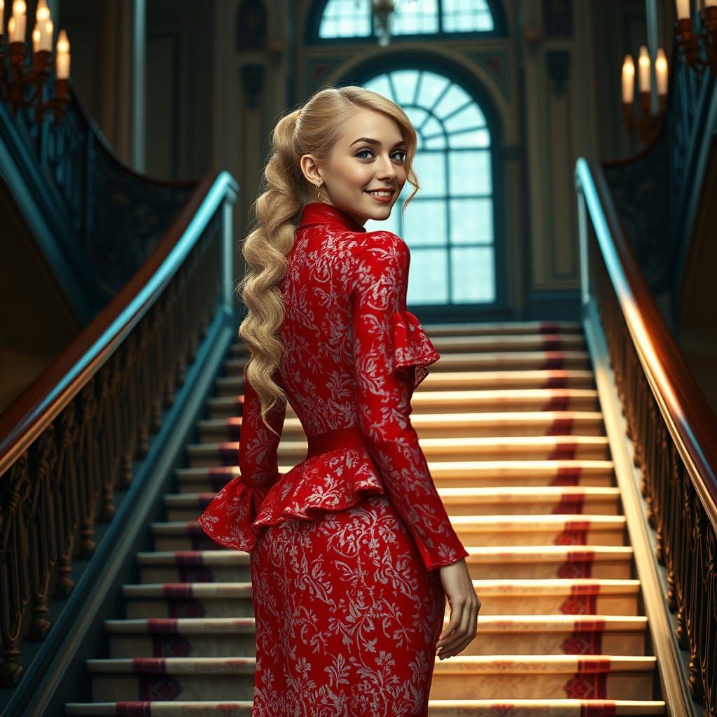 Ethereal Red Dress Staircase Scene in Fantasy Concept Art St...
