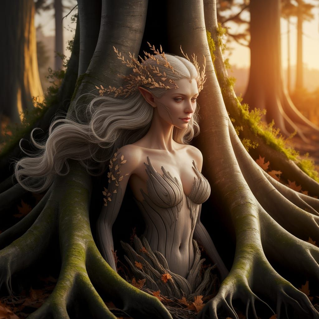 Enchanting Wooden Dryad in Forest Sunset: Digital Art