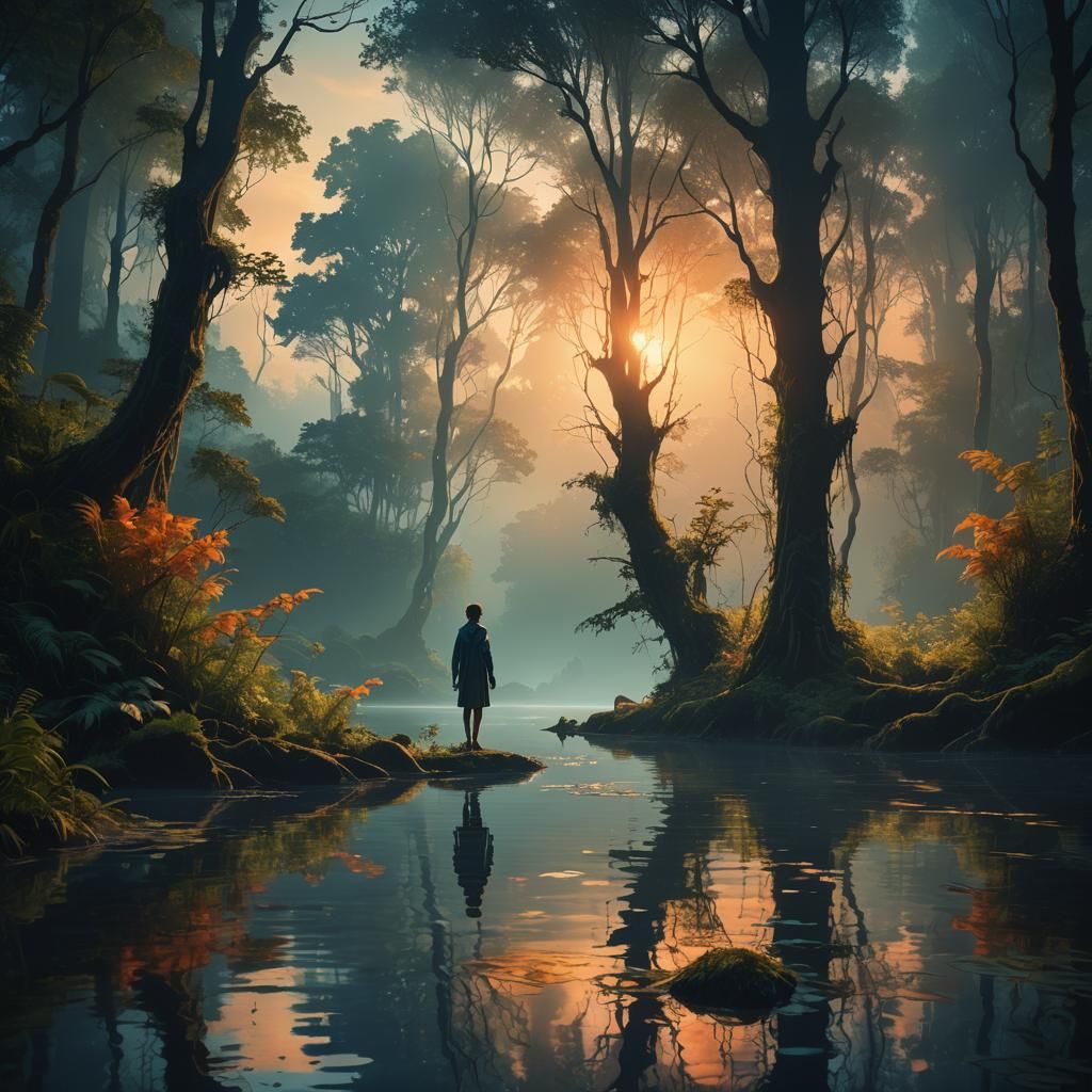 Dreamlike Figure Gazing at Reflections, Matte Painting