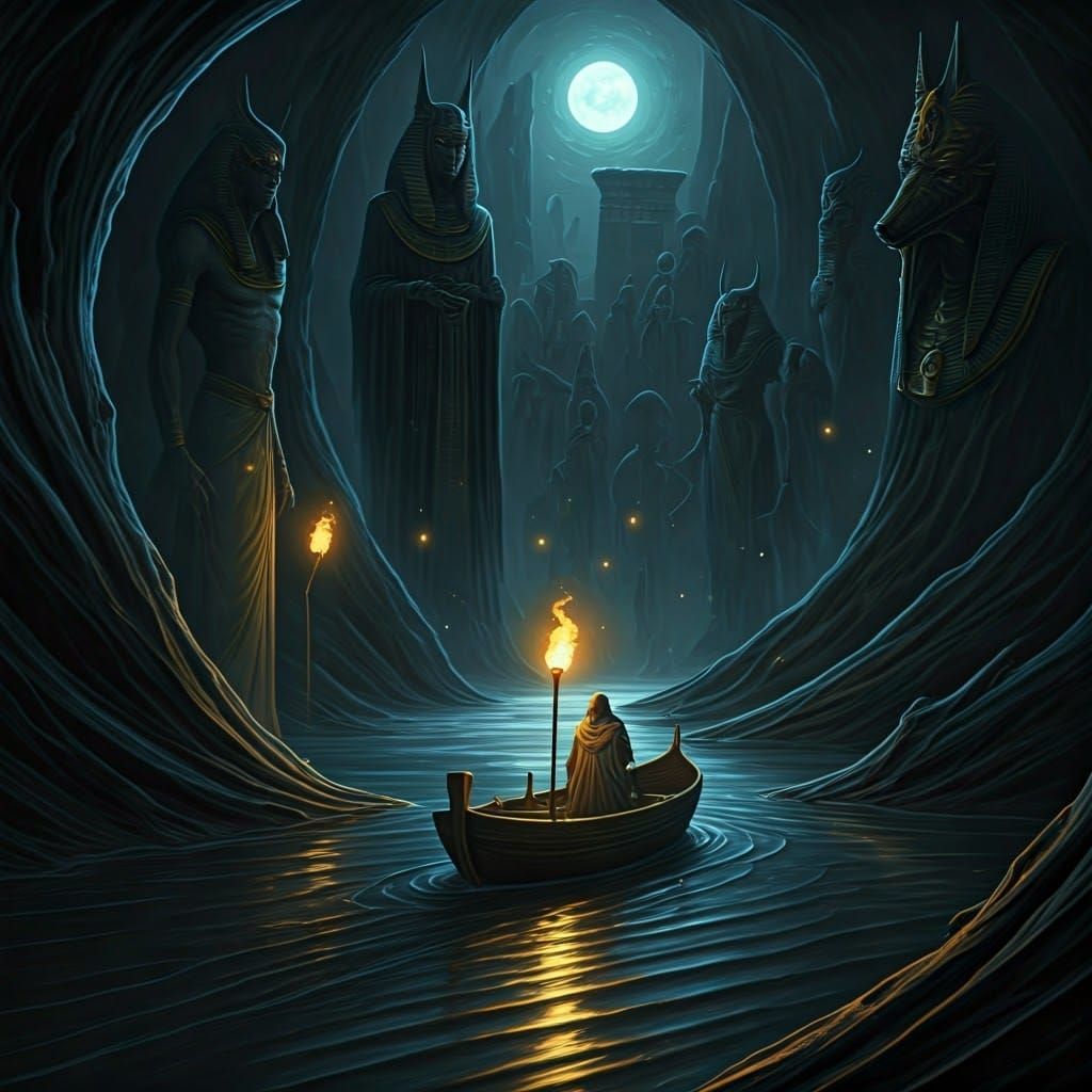 Soul's Journey Through Duat in Ethereal Egyptian Art