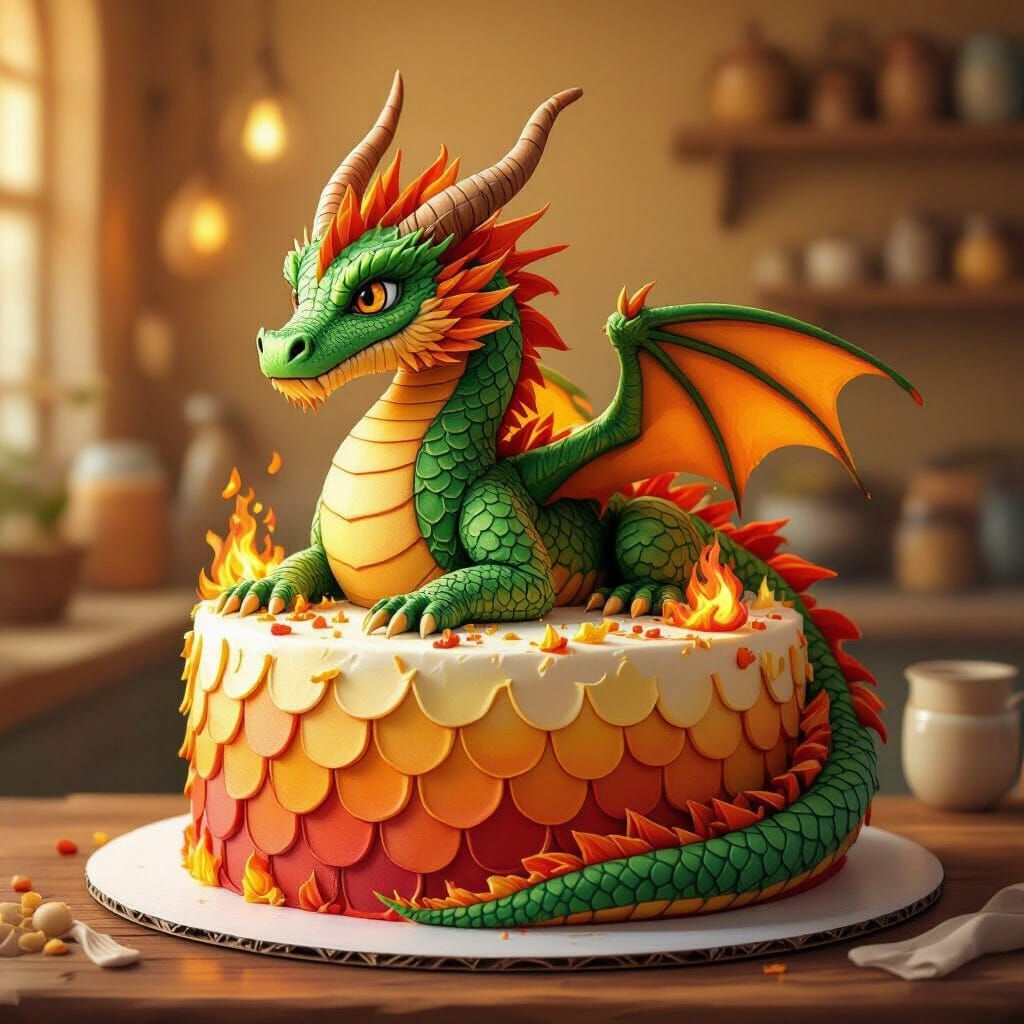 Majestic Dragon Cake Fantasy Illustration