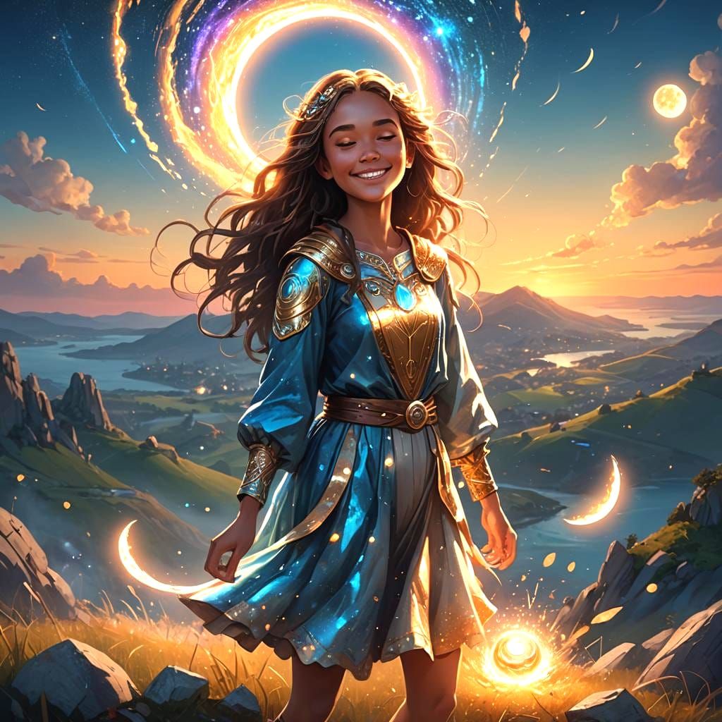 Magical Girl with Colorful Powers on Hills Edge