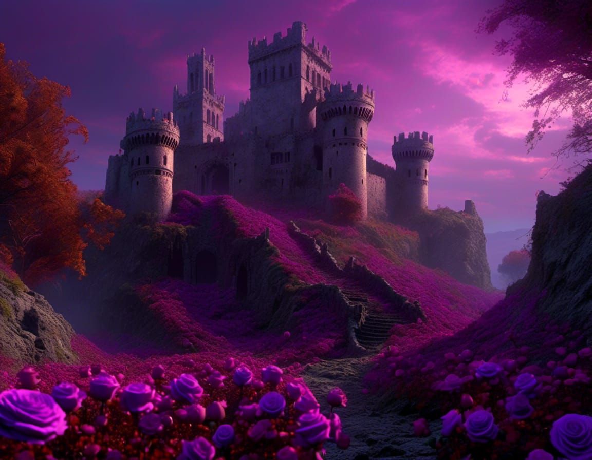 Medieval Castle Ruins with Purple Roses, Digital Matte Paint...