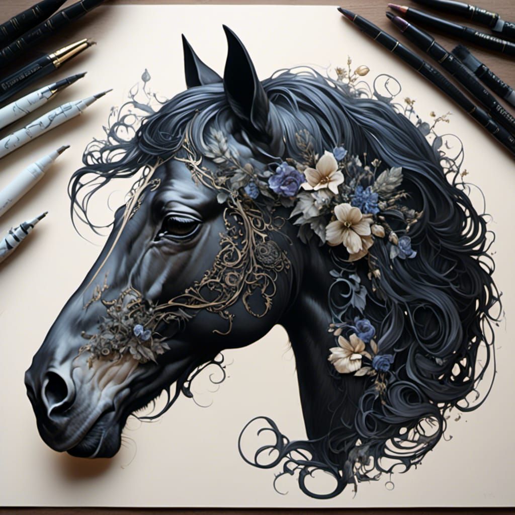 Black Arabian Horse Head with Flora and Fauna