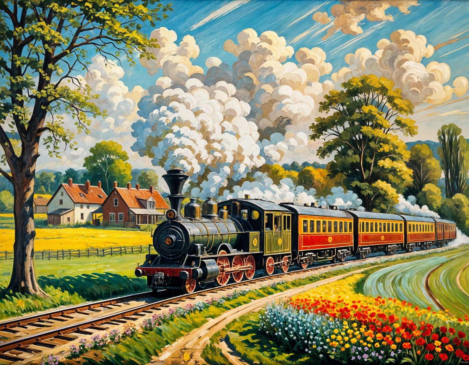Impressionist Train Through Rural Landscape in Vivid Colors