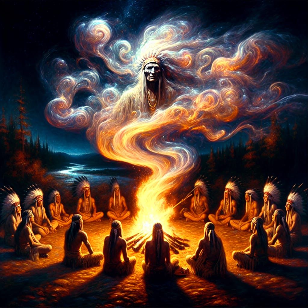 Surreal Warrior Emerge from Smoke Above Bonfire