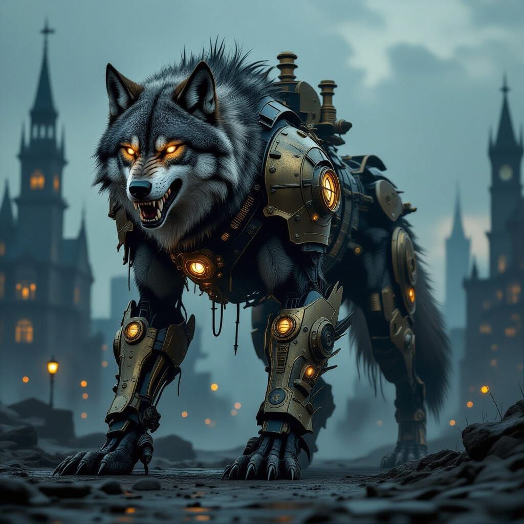 Biomechanical Dire Wolf Guards Gothic Steampunk City