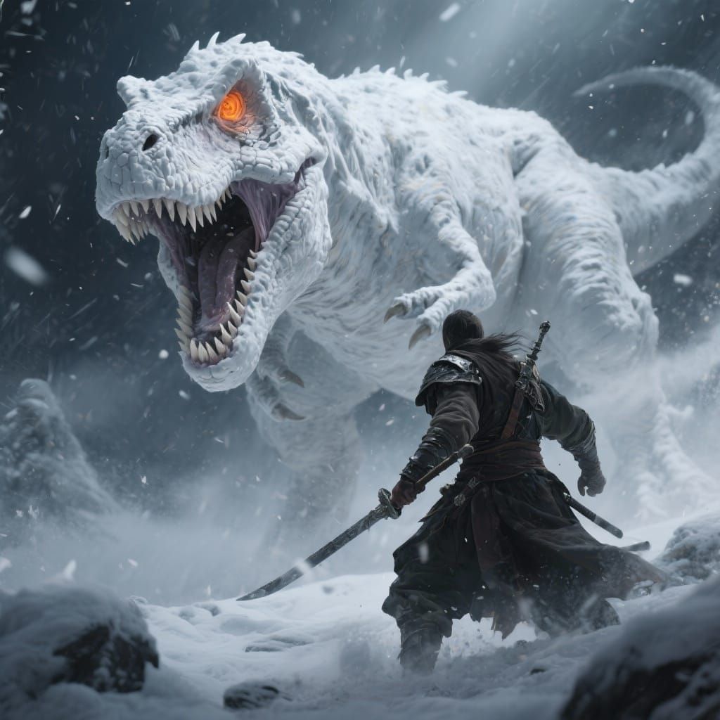Warrior Battles Giant Frosty T-Rex in Blizzard
