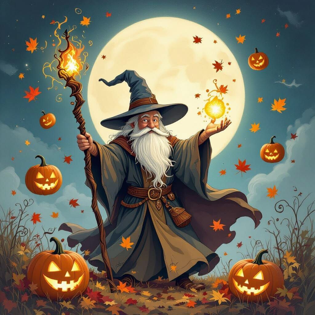 Whimsical Wizard Casting Spell on Halloween Night