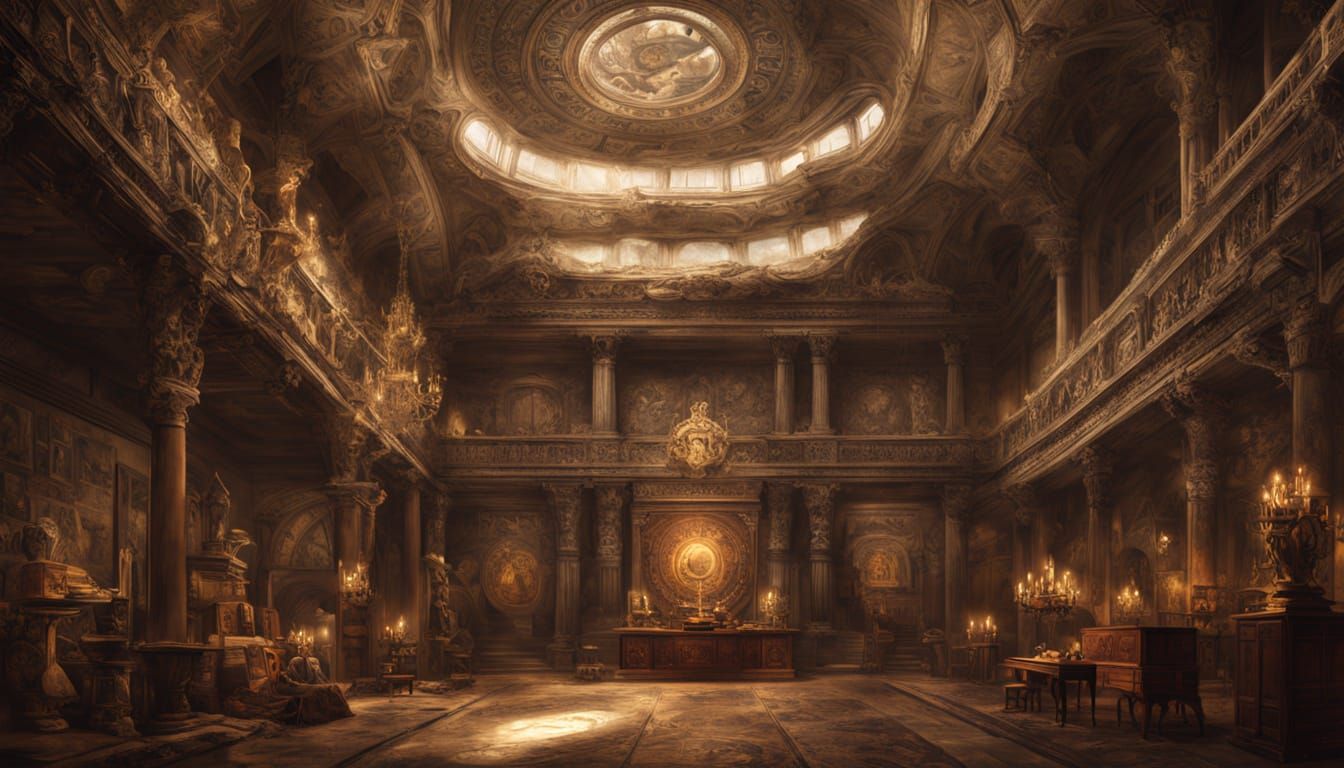 Intricate Historical Artifacts in Dimly Lit Room