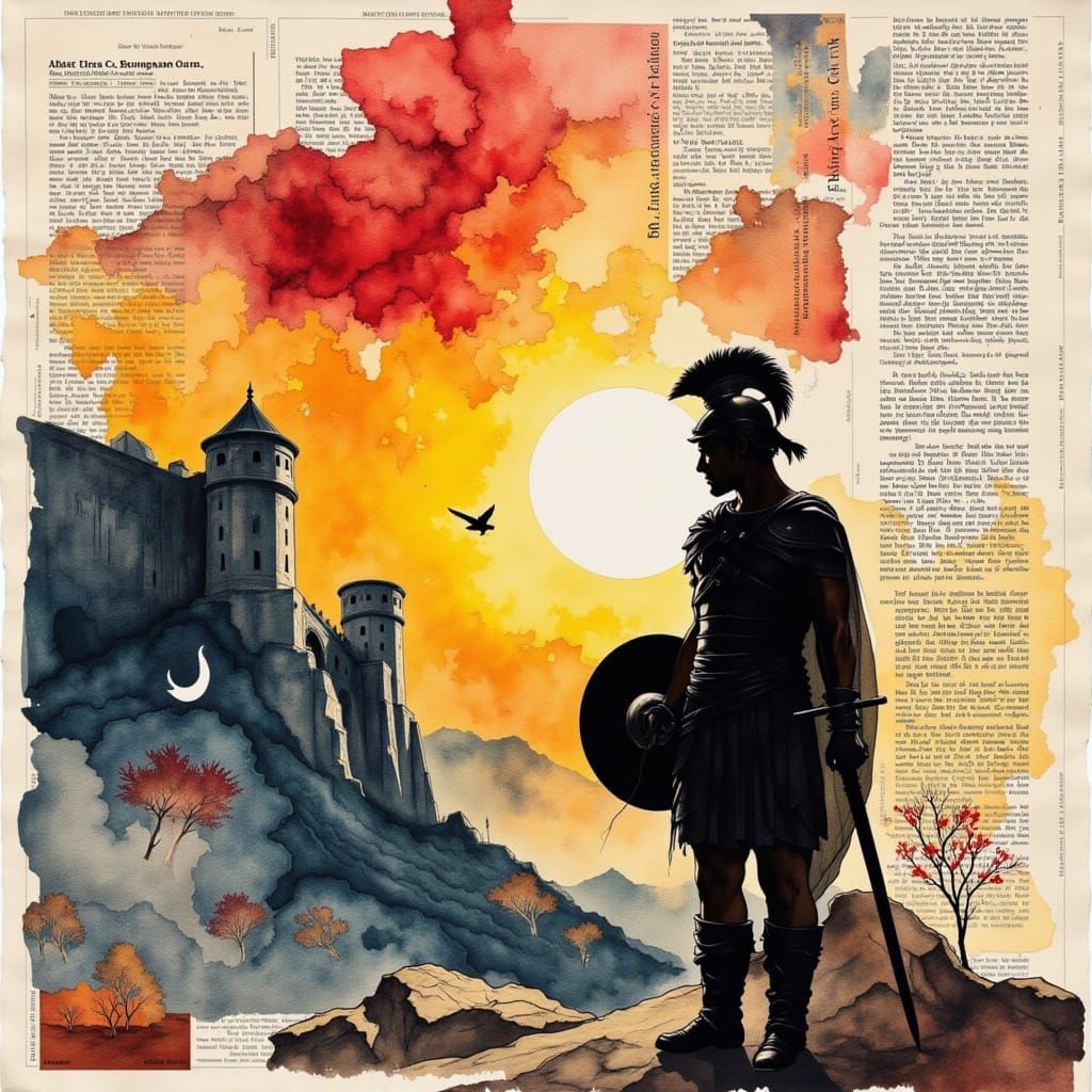 Achilles Prepares for Battle in Watercolor and Collage Style