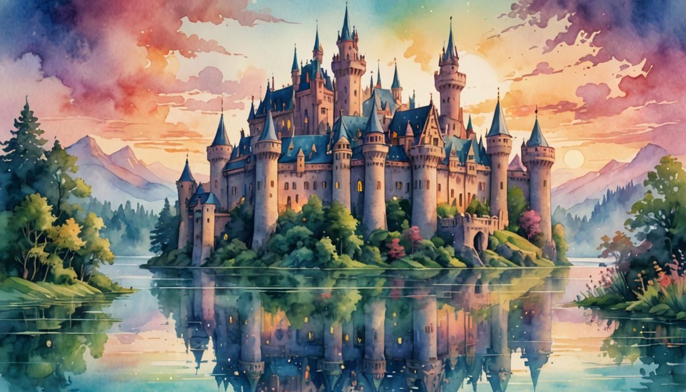Dreamlike Fantasy Castle in Watercolor Illustration Style