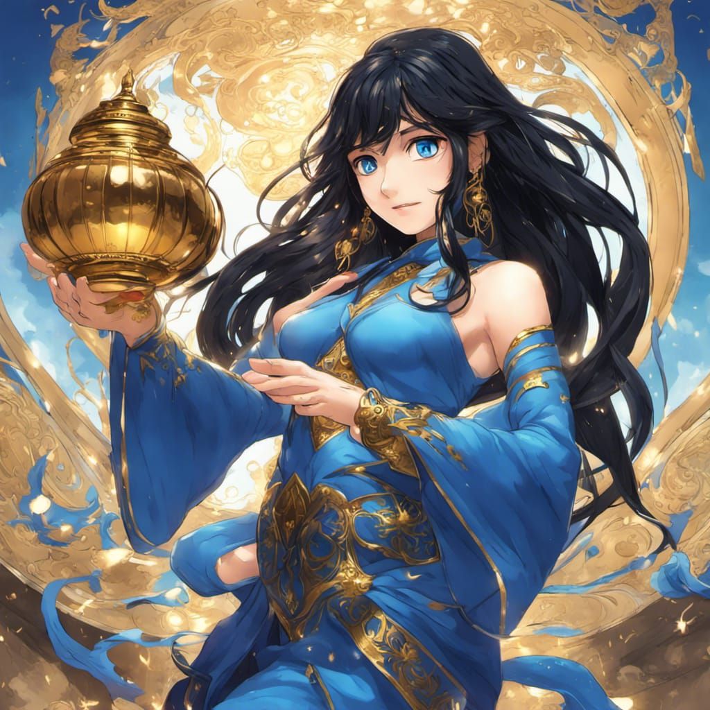Anime-Style Blue Genie Emerges from Lamp