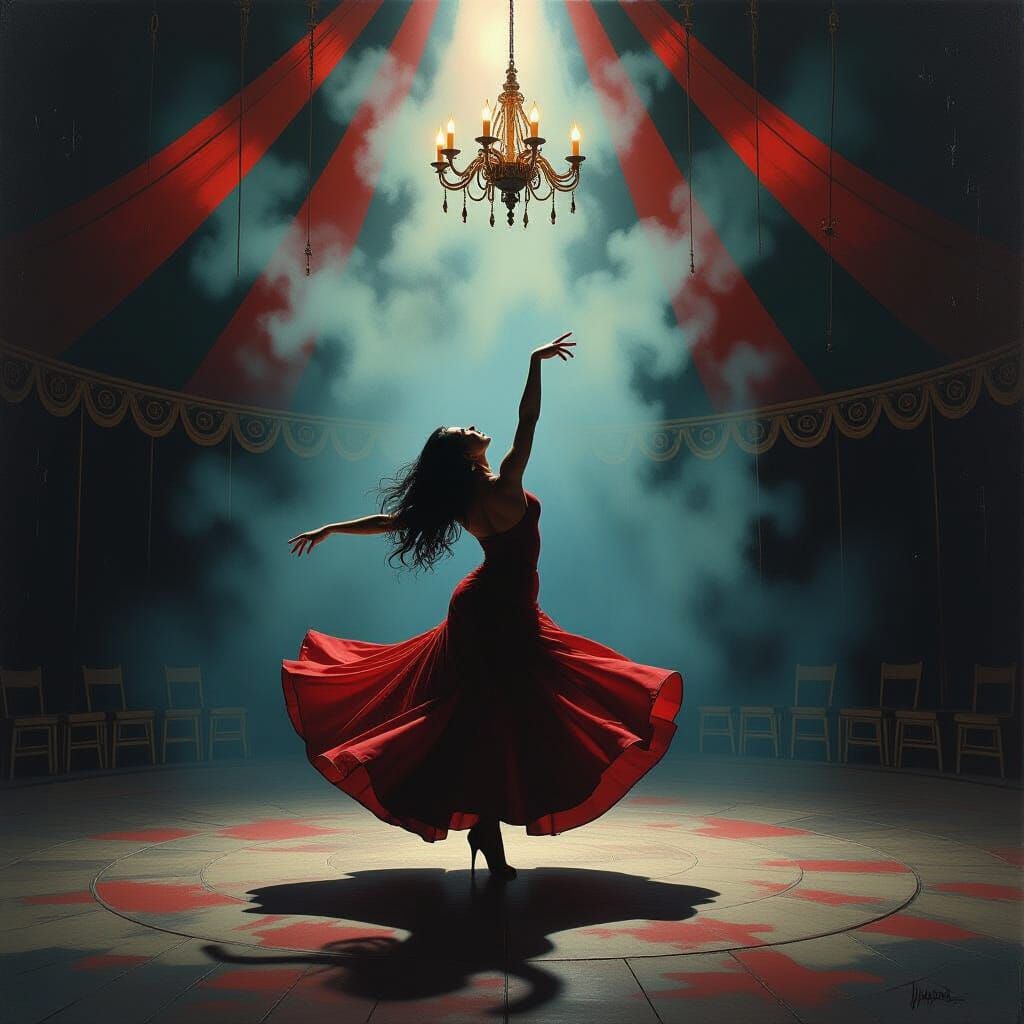 Dark Surrealist Circus Performer in Ethereal Tent