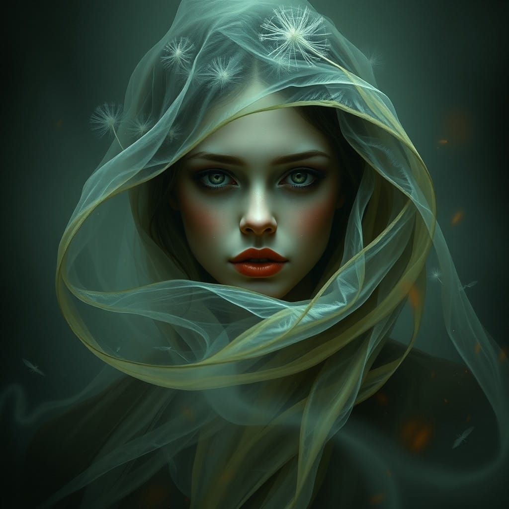 Mysterious Woman in Dreamlike Dandelion Skin Atmosphere