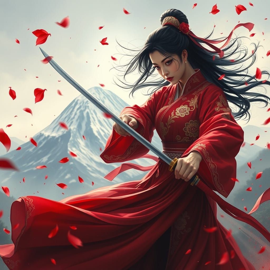 Elegant Warrior Engages Foes in Mid-Air, Snow-Capped Mountai...