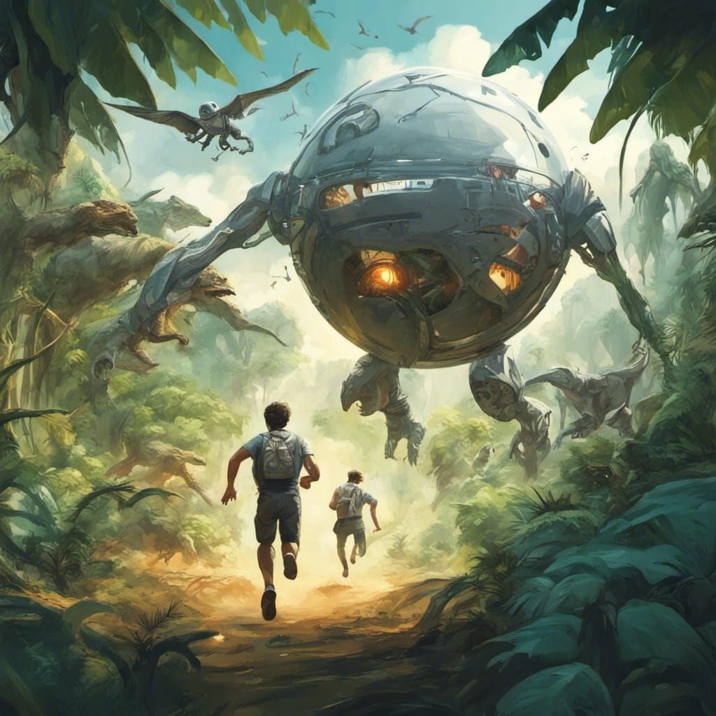 Futuristic Jungle Chase: Human Versus Robot Dinosaurs