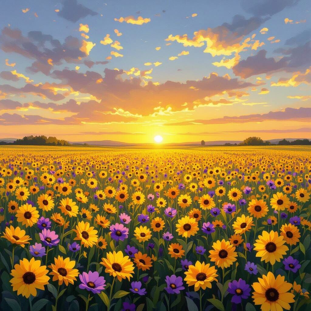 Vast Flower Field at Sunset in Impressionist Style