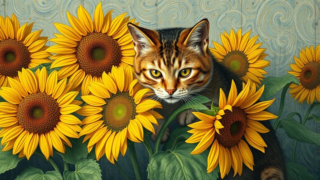 Van Gogh's Cat Plays Prank on Sunflowers in Impressionist St...