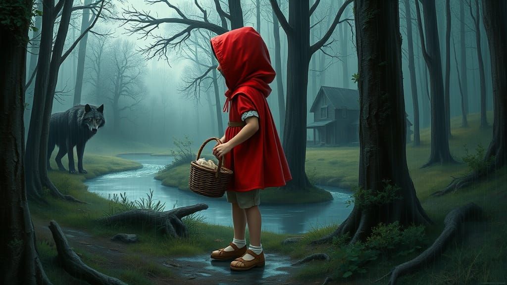 Little Red Riding Hood in Rainy Woods