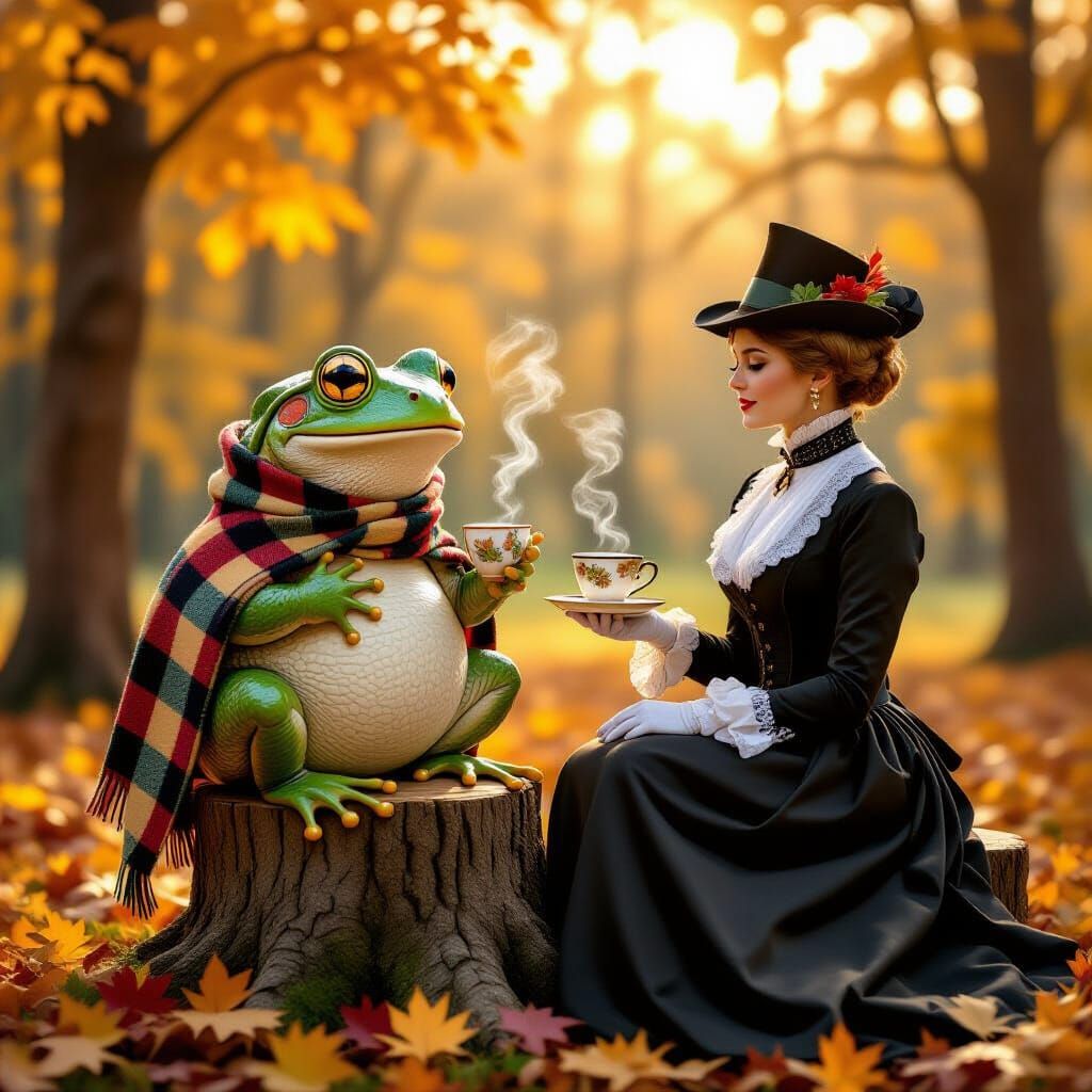 Frog and Woman Enjoy Tea in Autumn Forest