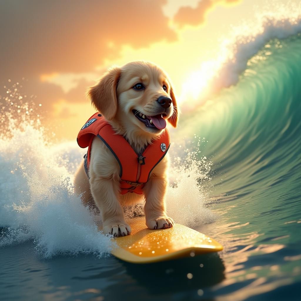 Golden Retriever Puppy Surfing at Sunset in Digital Painting