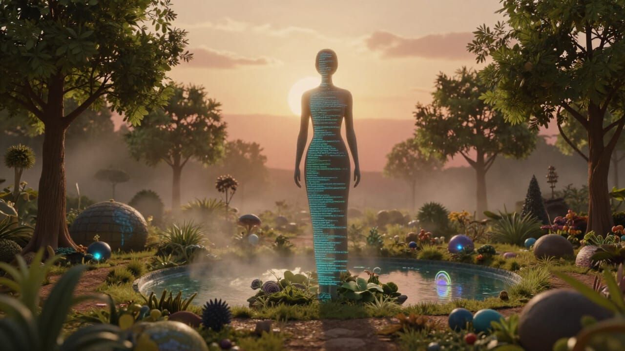Woman Dissolving into Code in Alien Garden
