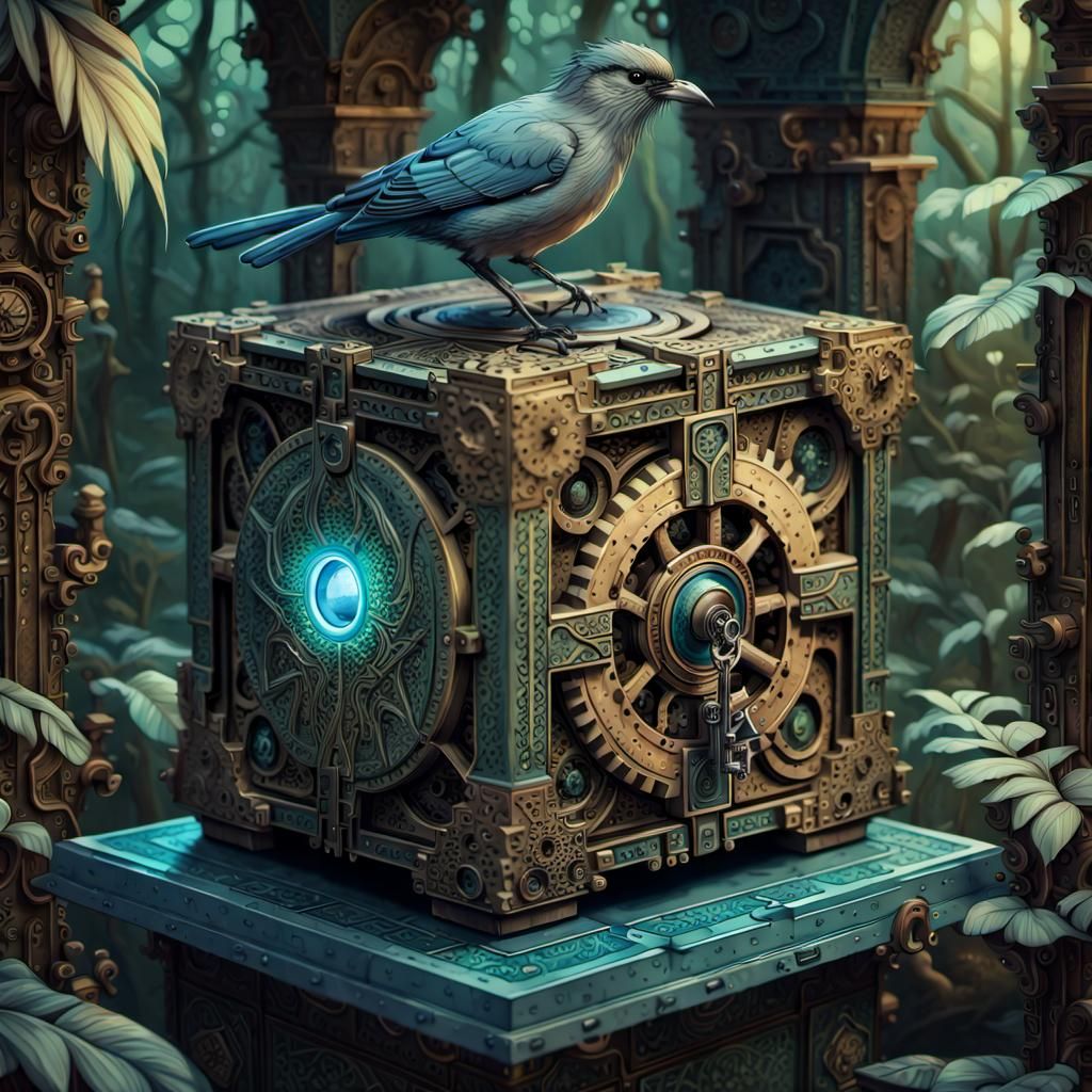 Intricate Puzzle Box in Dense Jungle, Ink Illustration