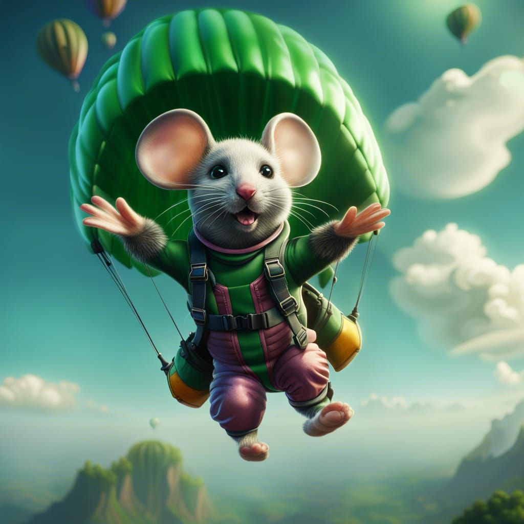 Mouse Skydiving with a Parachute, Detailed Fantasy Art