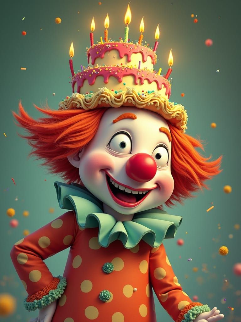Jolly Birthday Clown with Cake Crown in Children's Book Styl...