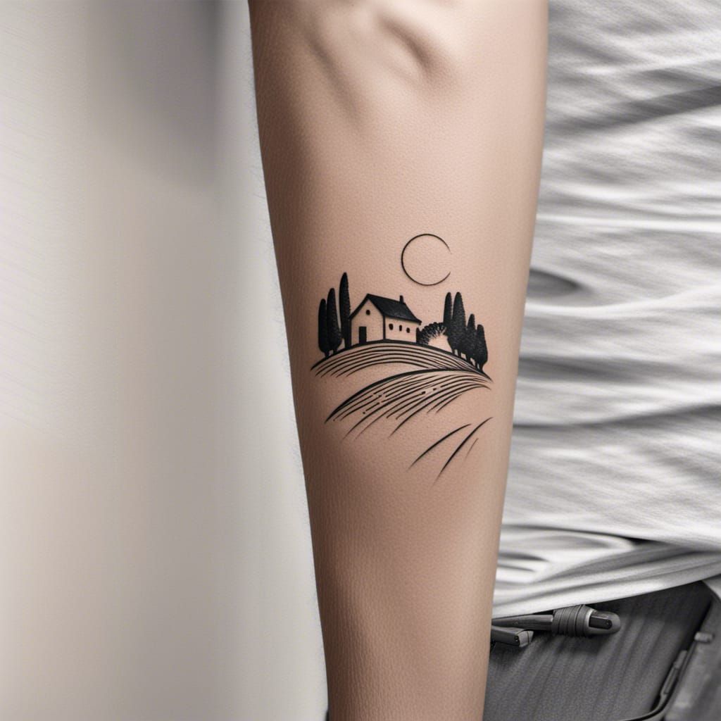 Tuscan Landscape Minimalist Line Art Tattoo Design