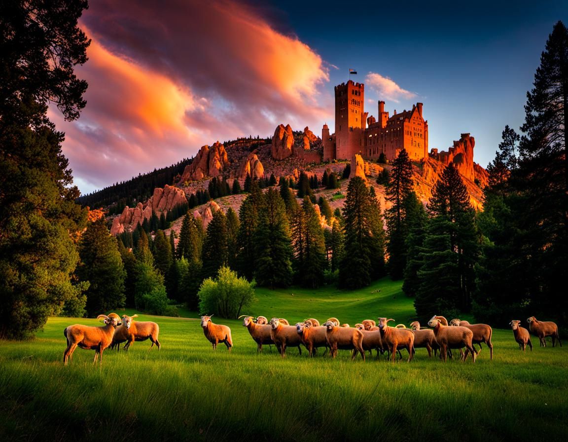 Glen Eyrie Castle at Sunset with Big Horn Sheep